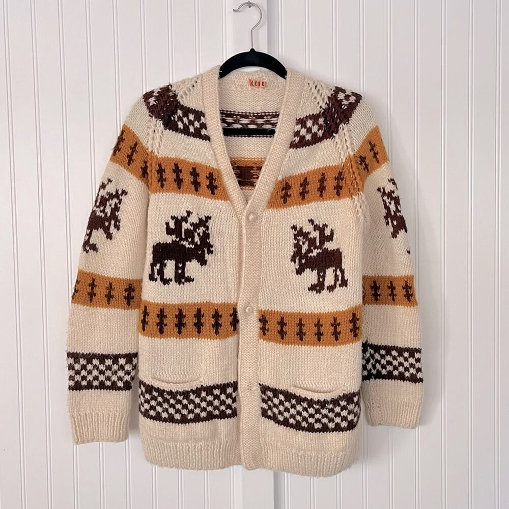 Vintage Cardigan Sweater Moose Stripes Checkerboard Mustard Handmade Cowichan